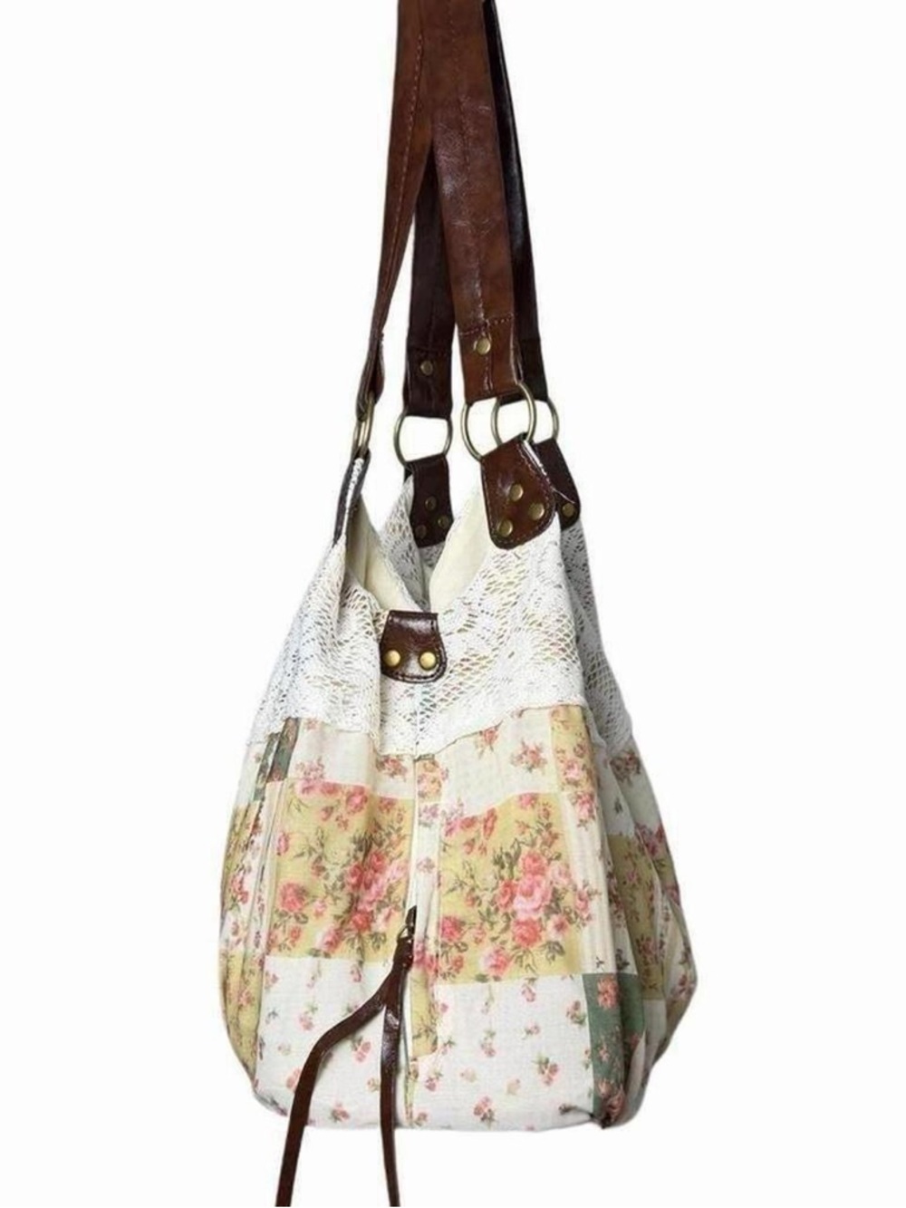 Boho Floral Patchwork Lace Cream Tote Bag Cottagecore Festival Indie Western Y2K - Picture 4 of 6